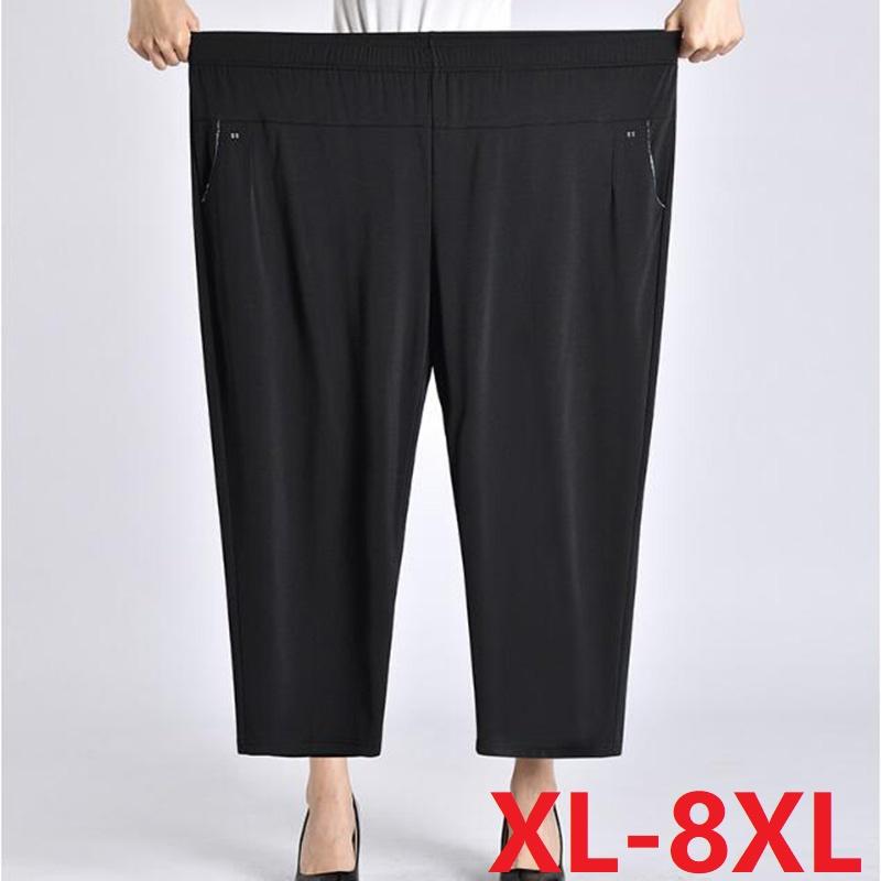 5XL 6XL 7XL 8XL Women Summer Pants Elastic High Waist Casual Ninth Pants Middle-aged Elderly Female Straight Mom Pants Plus Size