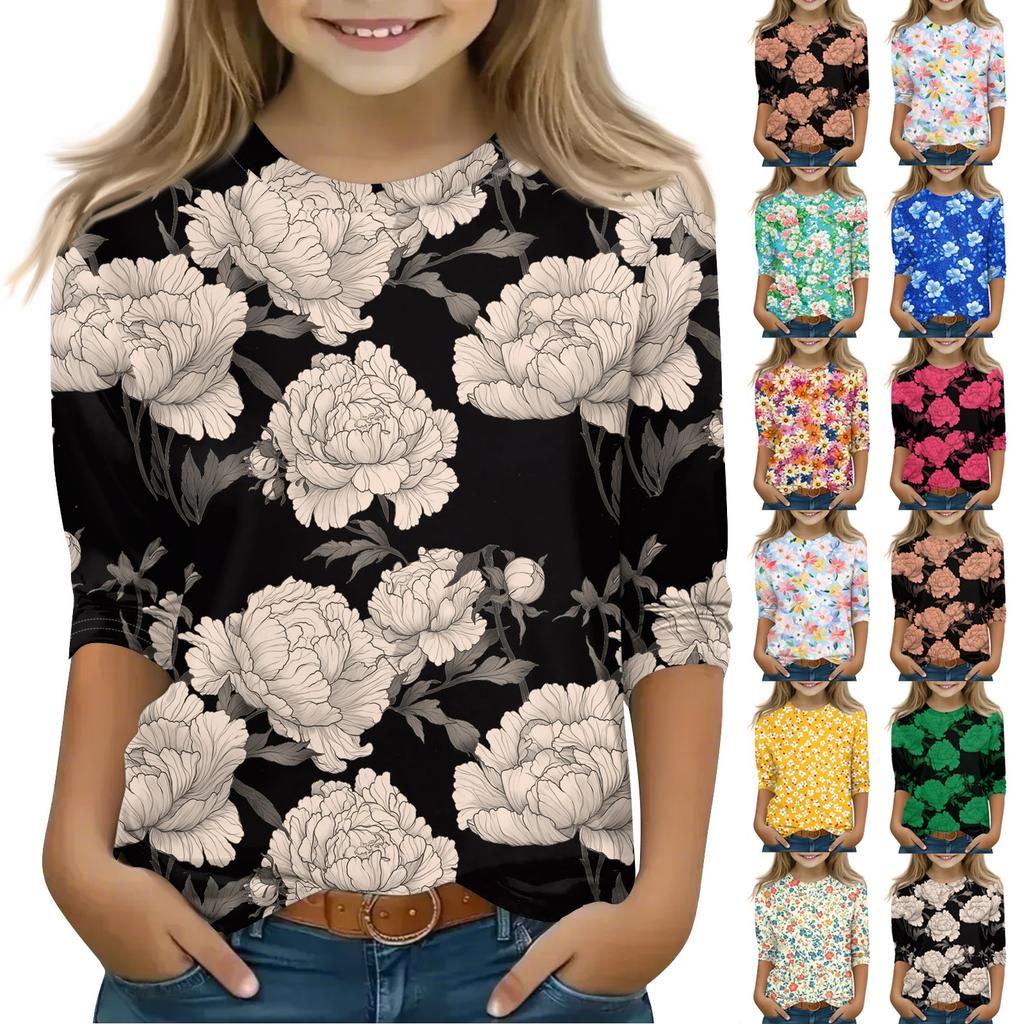 Print Tops For Youth Girls 5-16 Years Round Neck 3/4 Sleeves T-Shirts Trendy Tops Outfit Tees