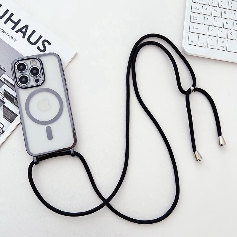 For iPhone 16 Pro Max Case Compatible with MagSafe Electroplating Edge TPU Phone Cover with Shoulder Strap