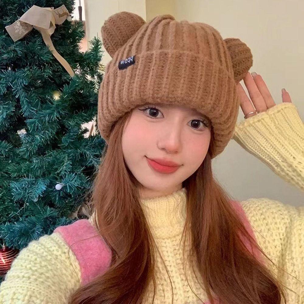 Beanie Hat Bear Ears Knitted Hat Letter Cat Ears Beanie Leisure   Winter/Autumn