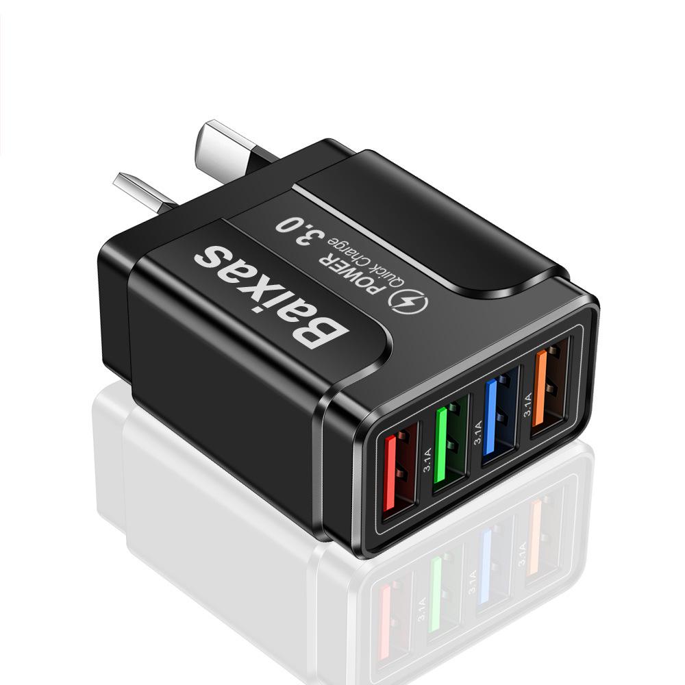 Цветное 4-портовое USB-зарядное устройство 3A для мобильных телефонов и планшетов, дорожное - Стандарт ЕС/США/Великобритании