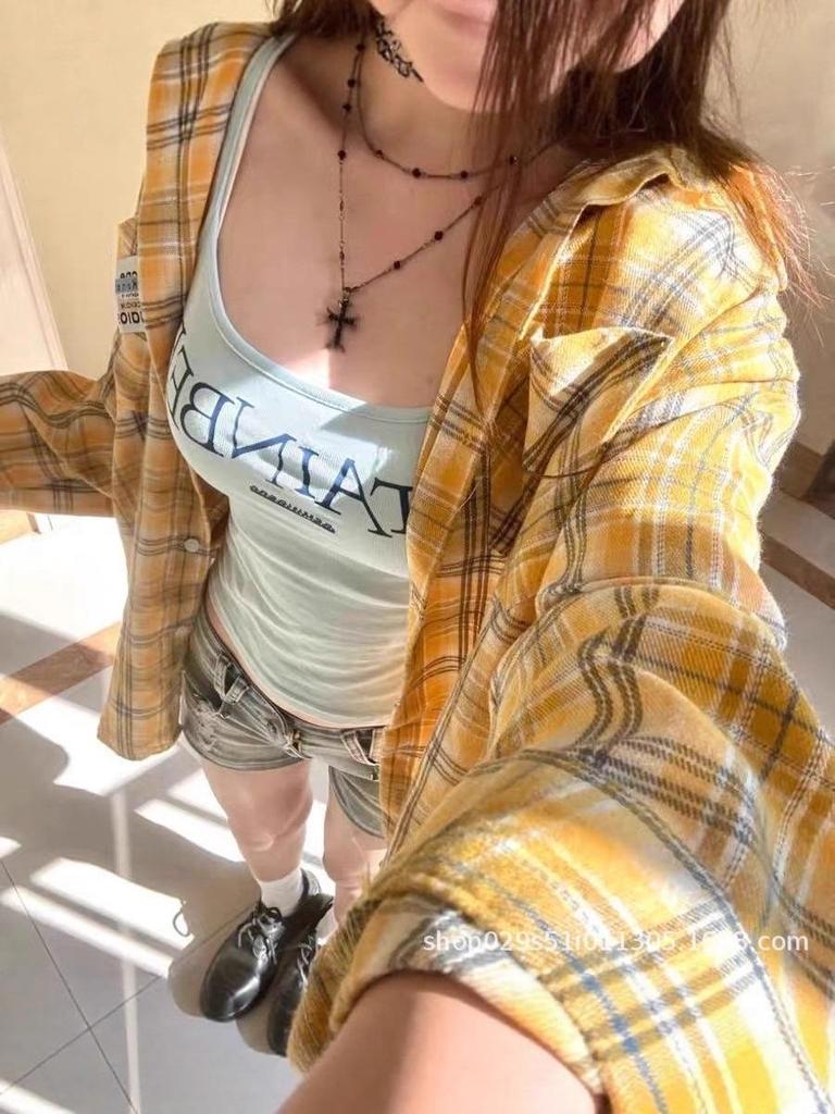 Women's Yellow Plaid Retro Shirt Jacket - Loose Fit, Versatile for Spring & Autumn