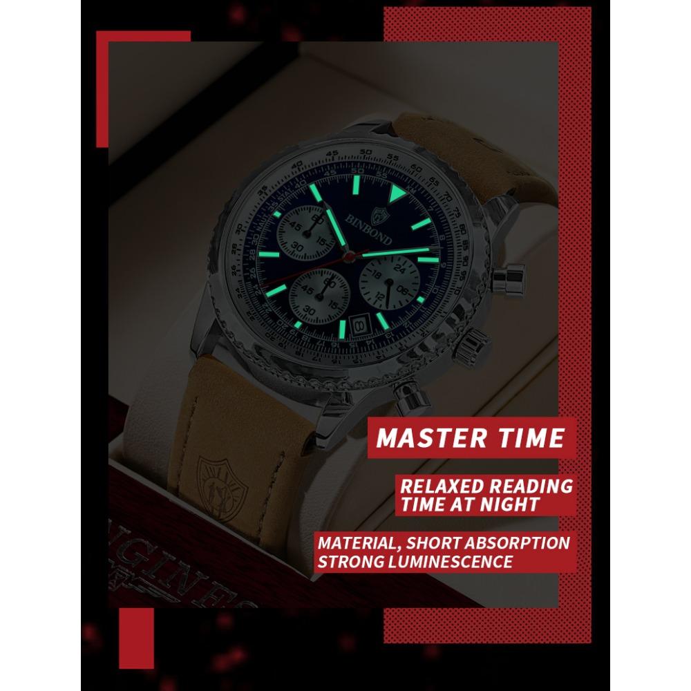 BINBOND Top Brand Man Quartz Watch Waterproof Luminous Date Chronograph Leather Wristwatch Military Sports Luxury Men's Watches