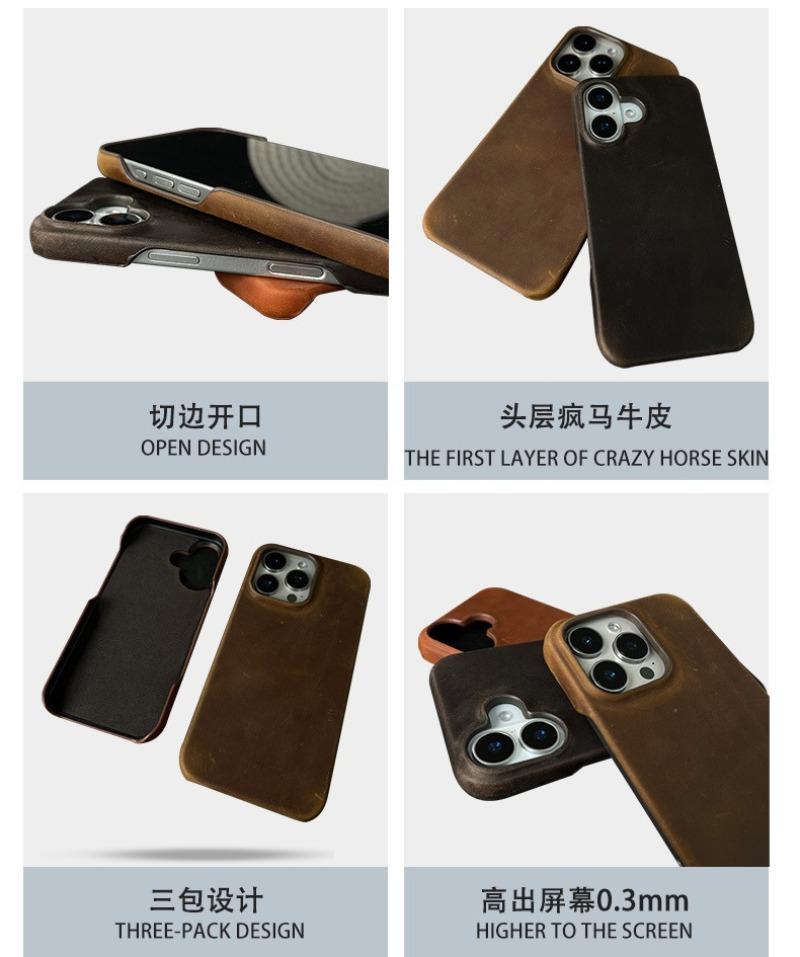 Retro Crazy Horse Leather Pattern Phone Case for iPhone 16 Pro Max 15 Plus 14 13 12 Mini 11 Pro Cowhide Matte Skin Hard Cover