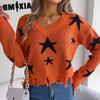 Женские модные повседневные осенне-зимние свободные вязаные пуловеры с длинным рукавом и v-образным вырезом со звездами