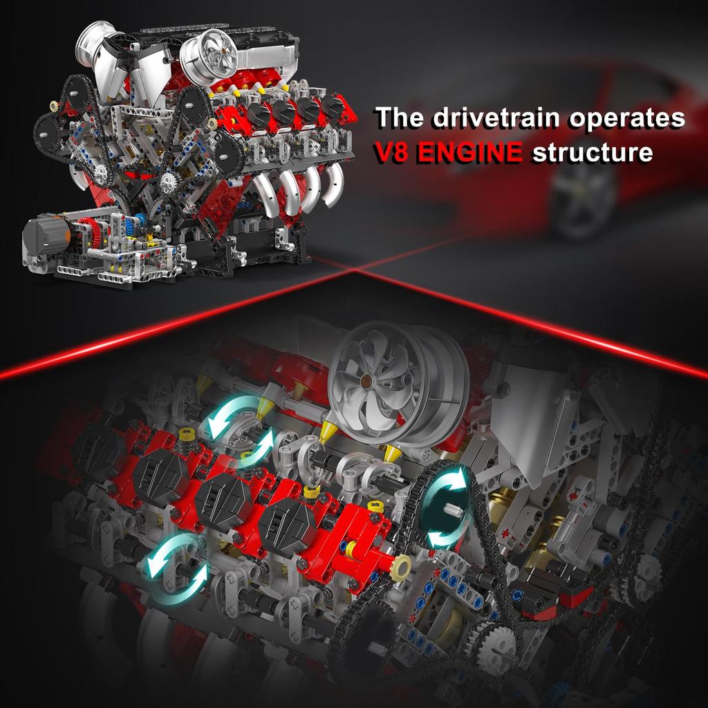 Mould King 10130 MOC Technology Inline Gasoline Engine Cylinder Liter V8 Engine Technology Clamp Block Includes Box (V8) 8-Cylinder Kit, 3.9