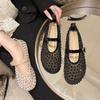 Luxury Crystal Covered Fishnet Mary Jane Shoes  Elegant Brand Design Rhinestone Mesh Ballet Flats Ladies  Bling Net Loafers