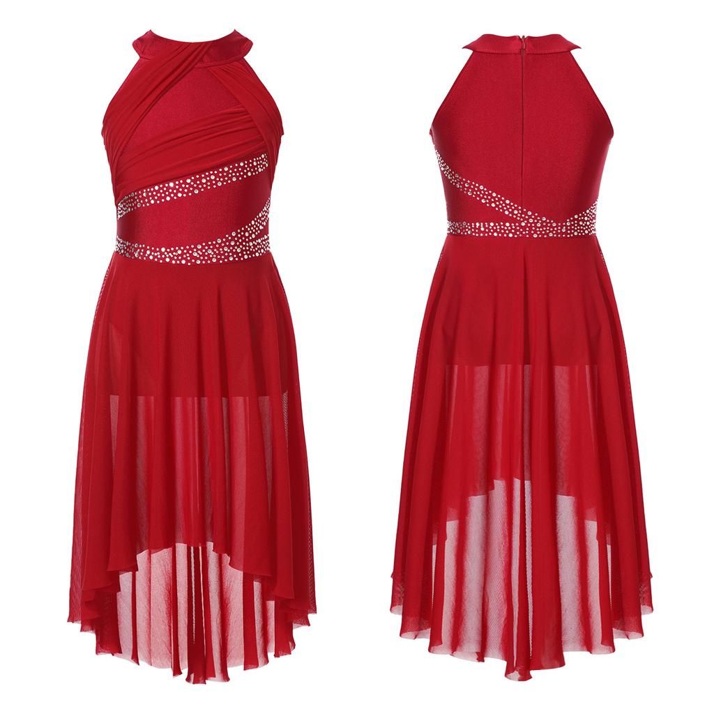 Платье для лирического латиноамериканского танца для девочек, без рукавов, с блестящими стразами, с дизайном купальника с драпировкой, танцевальная одежда для современного танца