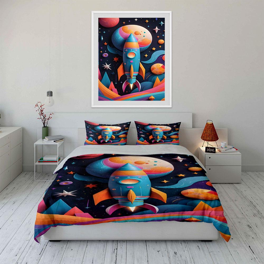 Colorful rocket and planets. Bedding sets Duvet cover sets Duvet covers Pillowcases(1 * Duvet Cover 2 * Pillowcases without duvet insert)