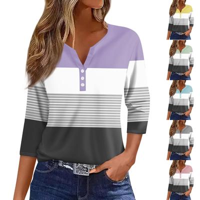 Жен. Футболка С принтом Пуговицы Рукав 3/4 Повседневные Выходные Мода Классический Классический V-образный вырез Обычный Верх