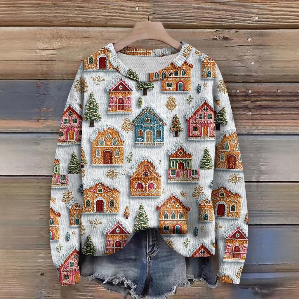 Пуловеры с длинным рукавом для женщин, с круглым вырезом, повседневные, милые, с принтом, вязаные, оверсайз