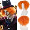 Synthetic Short Orange Curly Wig for Cosplay Halloween Anime Funny Wigs Unisex Messy Cosplay Wig Role Play Mad Hatter Wig