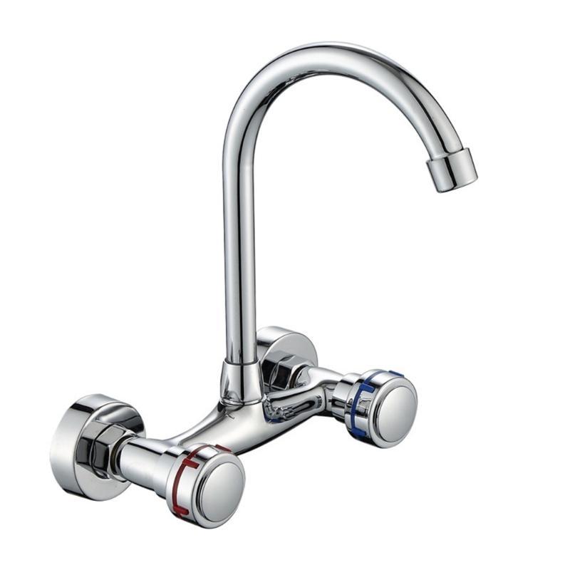 652F 360 Rotate Wall Mounted Kitchen Faucet Double Handle Operation Strong Brass Construction Hot Cold Water Control