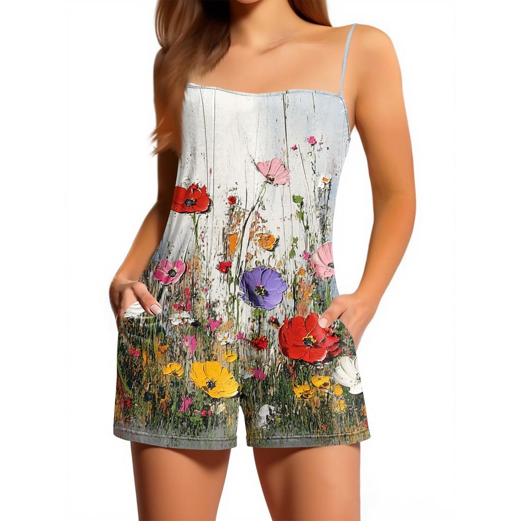 Women's Casual Fashion Floral Print Sleeveless Suspenders With Pockets Jumpsuit Shorts