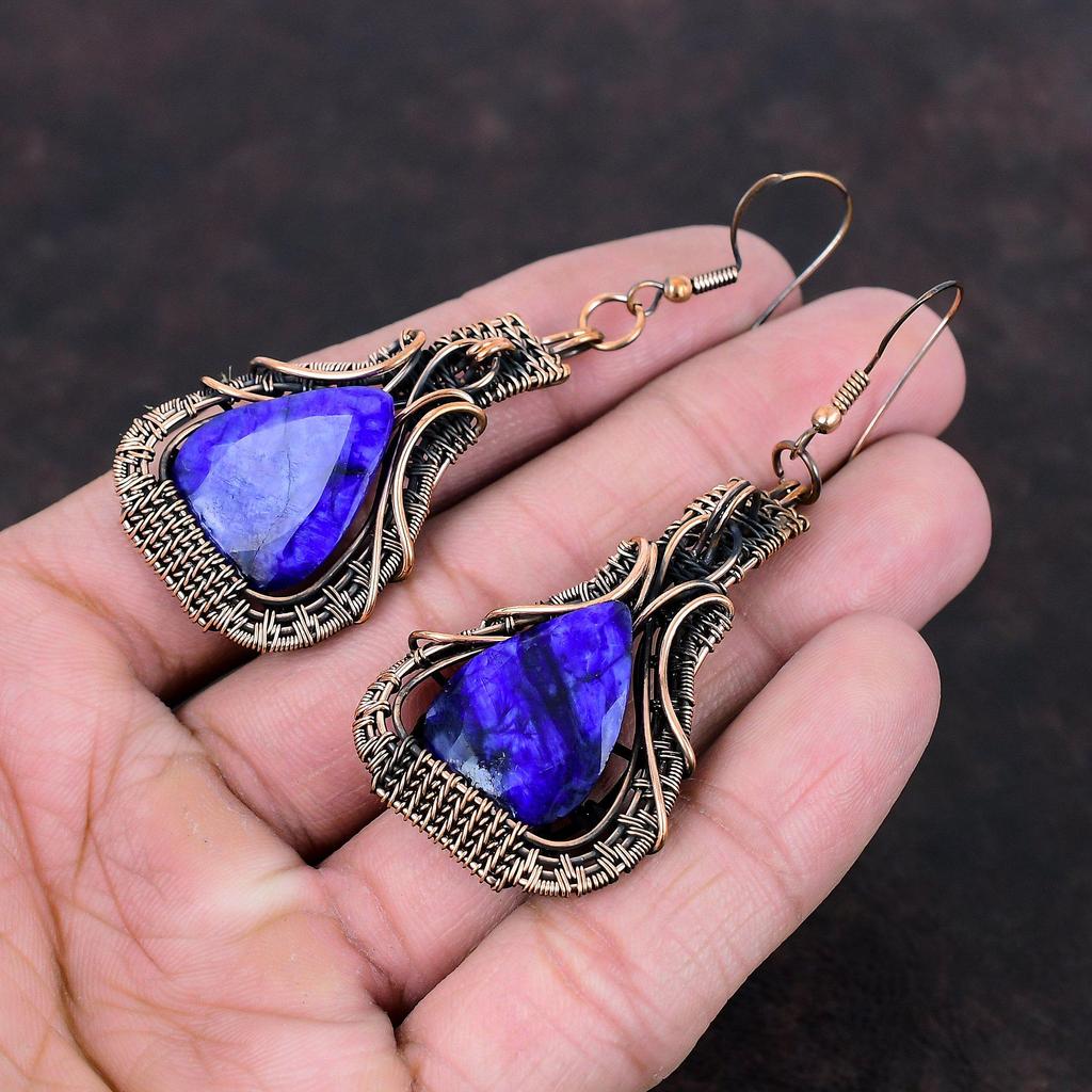 Граненые серьги с синим сапфиром, серьги из медной проволоки, изящные серьги ручной работы, драгоценный камень, медные ювелирные серьги для женщин, подарок на годовщину