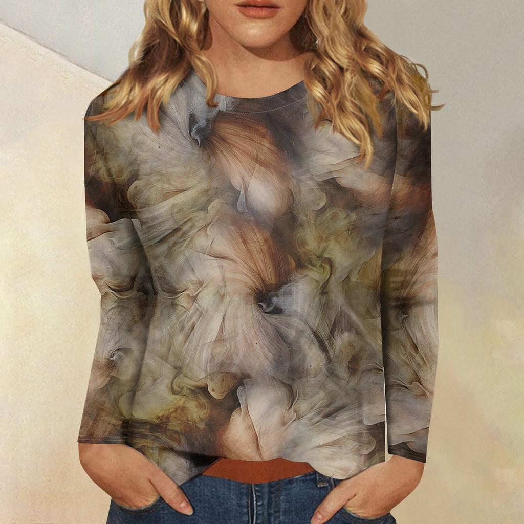 Женская модная повседневная футболка с круглым вырезом и длинным рукавом с принтом, топ