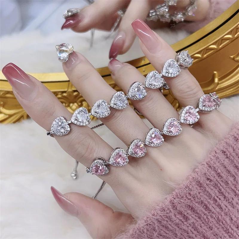 Fashion White Pink Heart Women Silver Bracelets Bangles for Girl Shinny Cut CZ Bridal Adjustable Bracelet Party Jewelry