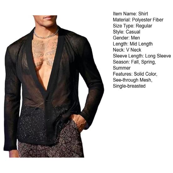 Мужская клубная рубашка с ультратонкой прозрачной сеткой с V-образным вырезом, застегивающейся на пуговицы, с длинными рукавами, для мускулистых мужчин, для вечеринок и выступлений