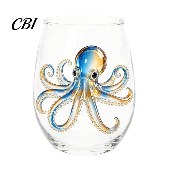 Handmade Borosilicate Glassware Marine Theme Wine Glass, Single Layer Stemless Elegant Glass for Home 400ml Capacity Drinkware Bar And Coffee