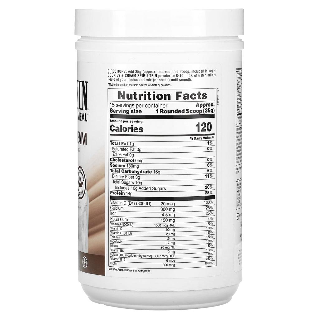 NaturesPlus Spiru-Tein, Protein Powder Meal, Cookies and Cream, 1.15 Lb (525 G)