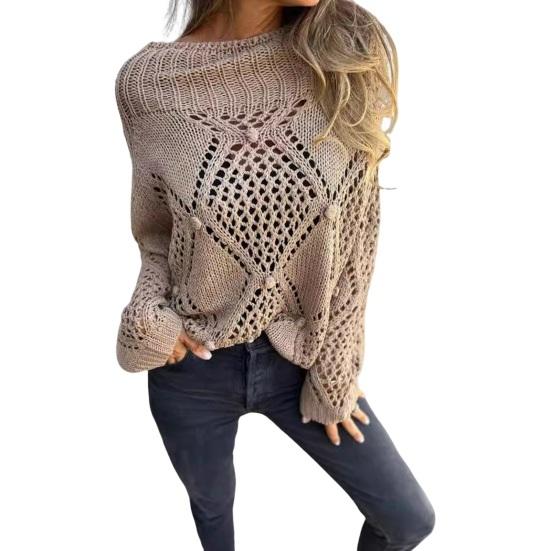 Женский свитер с круглым вырезом и длинным рукавом, ажурный дизайн, жаккардовый декор, вязаные топы, однотонный свободный покрой, повседневный свитер