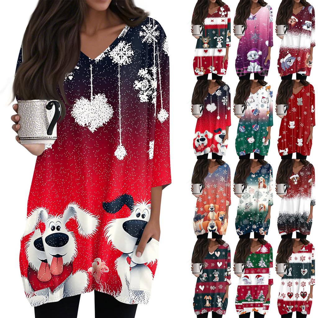 Женские топы с V-образным вырезом и рукавом 3/4, повседневные блузки средней длины, модные туники с рождественским принтом и карманами