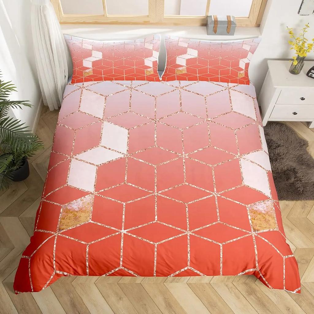 Geometry Ombre Duvet Cover Full King,Honeycomb Marble Geometric Bedding Set For Teen Girls Women Diamond Hexagon Comforter Cover