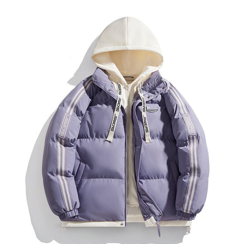Womens Color Block Striped Faux Two-Piece Hooded Padded Coat Thick Warm Winter Outwear