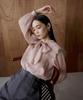 Bis Sheer Ribbon Long Sleeve Pink Women's Blouse, (63)