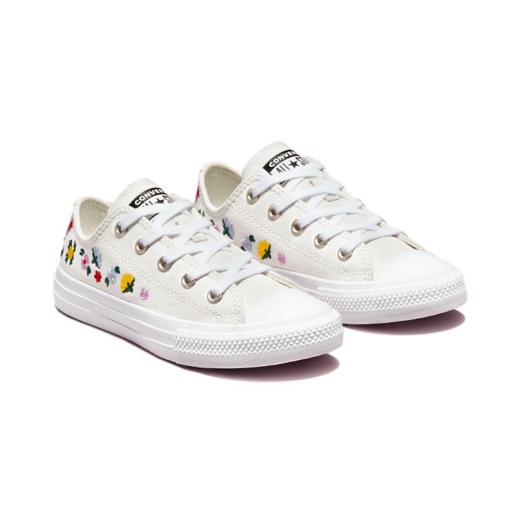Converse Детские кроссовки Chuck Taylor All Star Low PS с цветочной вышивкой, белый винтаж-белый A02211C