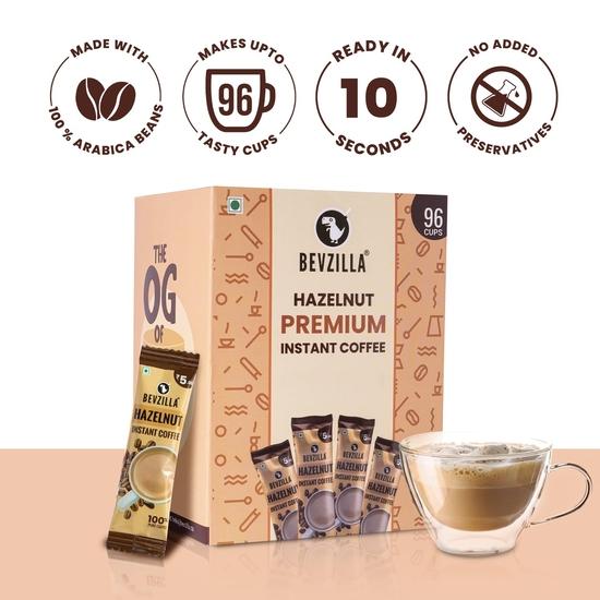 Bevzilla 96 Instant Coffee Powder Sachets (Hazelnut) -192 Grams |Arabica Coffee| Easy To Carry|Best For Espresso, Latte, Cappuccino| Enjoy Hot & Cold