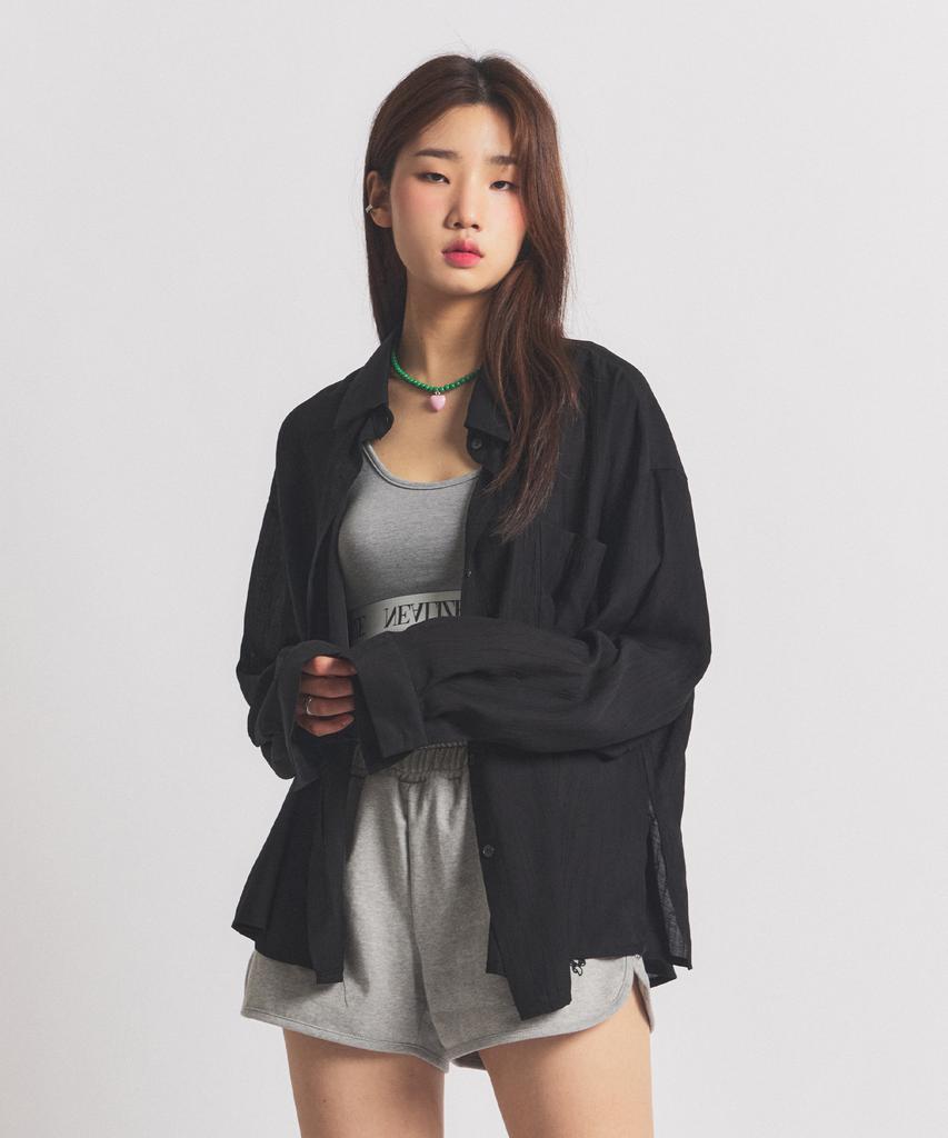 NEALIZE Ribbon Oversized See-Through Shirt Black