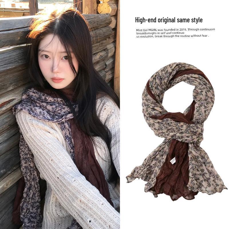 Мятый шарф из хлопка, льна и шелка: Цветовой блок, Теплый, Модный для весны и осени, Универсальный высококачественный шарф-снуд