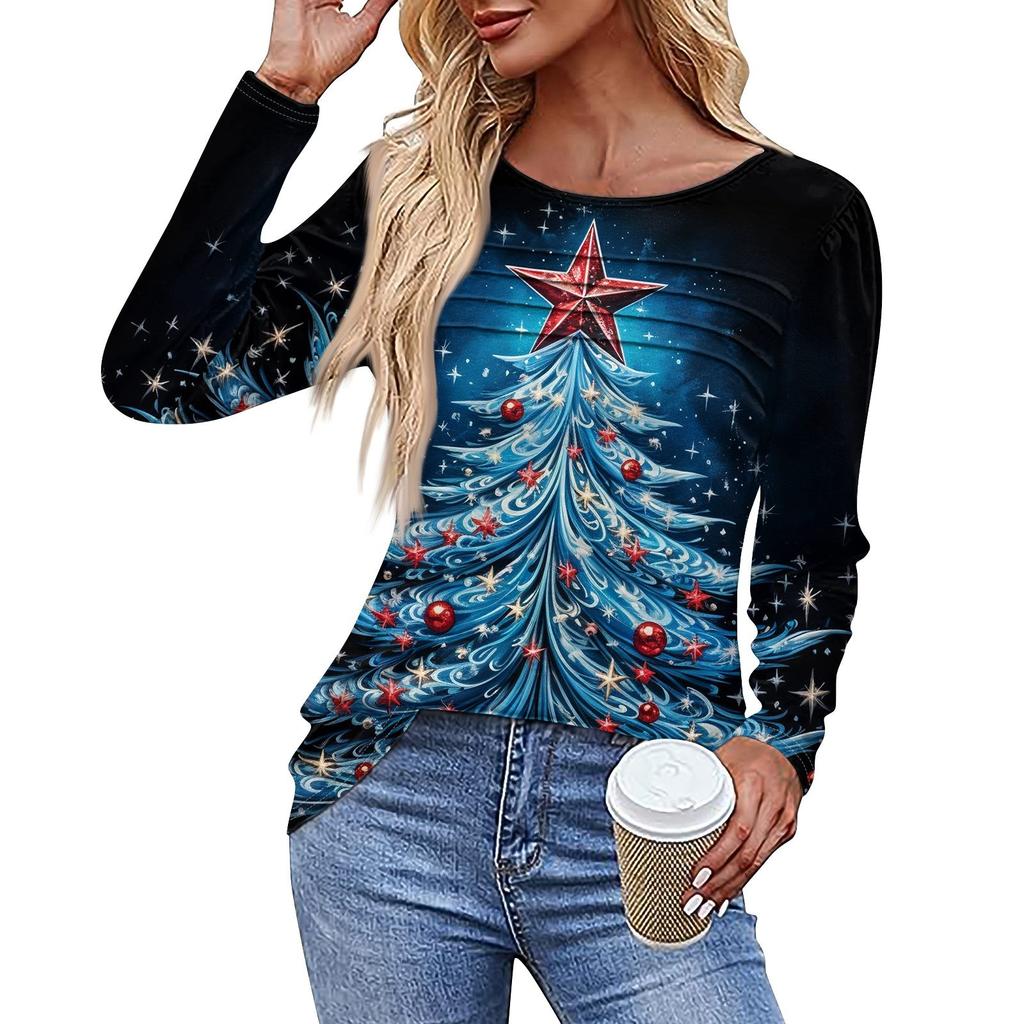 Женская повседневная модная футболка с круглым вырезом и длинными складками на Рождество