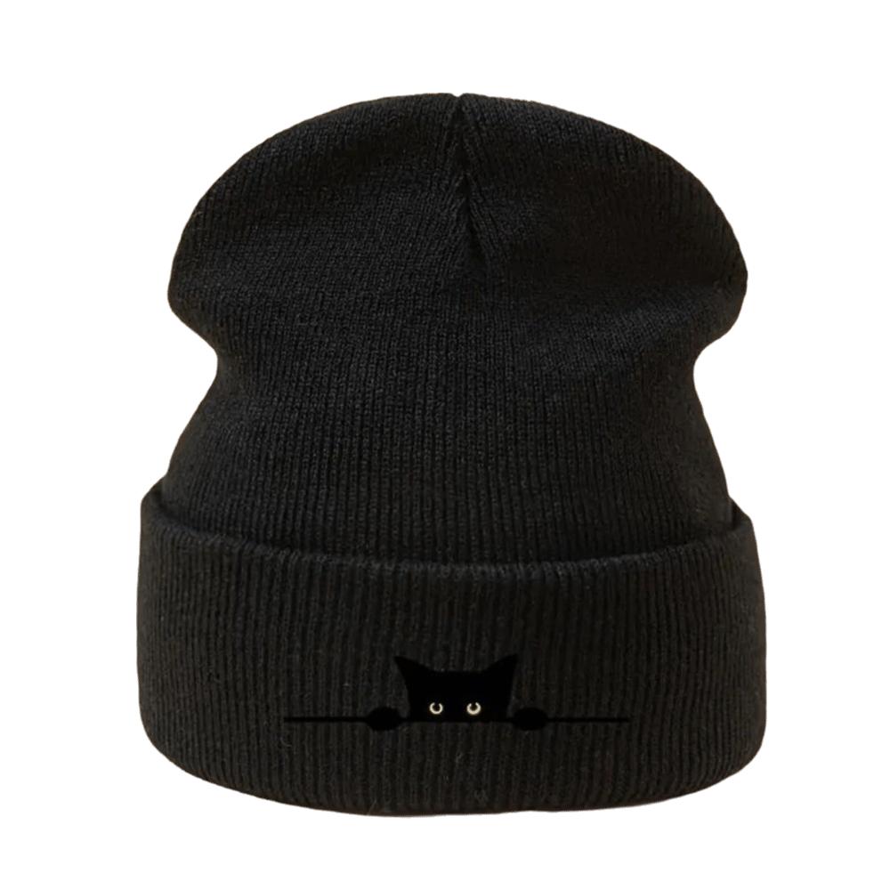 Solid Color Knitted Beanie Hat Cartoon Cat Printed Pullover Cap High Quality Warm Hat Outdoor