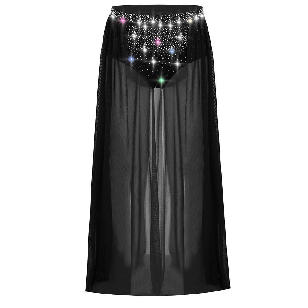 Complete Stage Look Skirt for Girls: Sparkling Rhinestone Accent on Flowy Sheer Mesh, Includes Secure Built-in Shorts