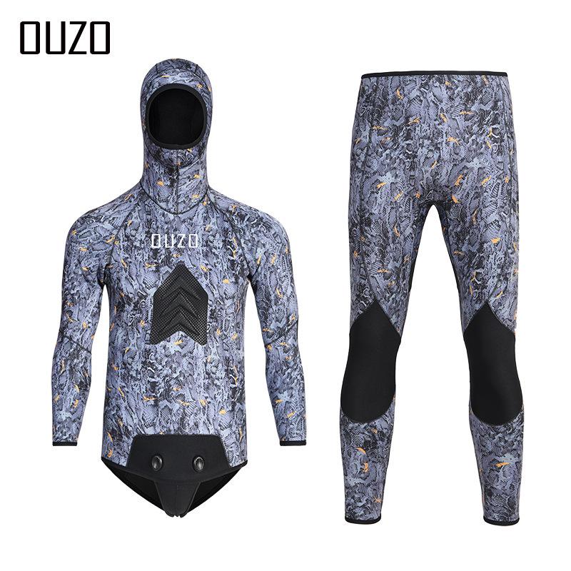 Men's 5mm Camo Hooded Diving Suit - Thick, Warm Split Wetsuit for Fishing and Winter Surfing