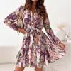 Tooxika New V-neck Printed Long-sleeved Dress With Ruffles And Stitching Shirt Dress