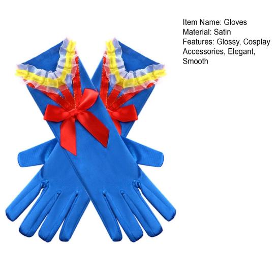 Princess Cosplay Gloves Royal Blue Satin Gloves with Ruffles And Red Bow Girls Cosplay Gloves for Costume Parties Stage Performances