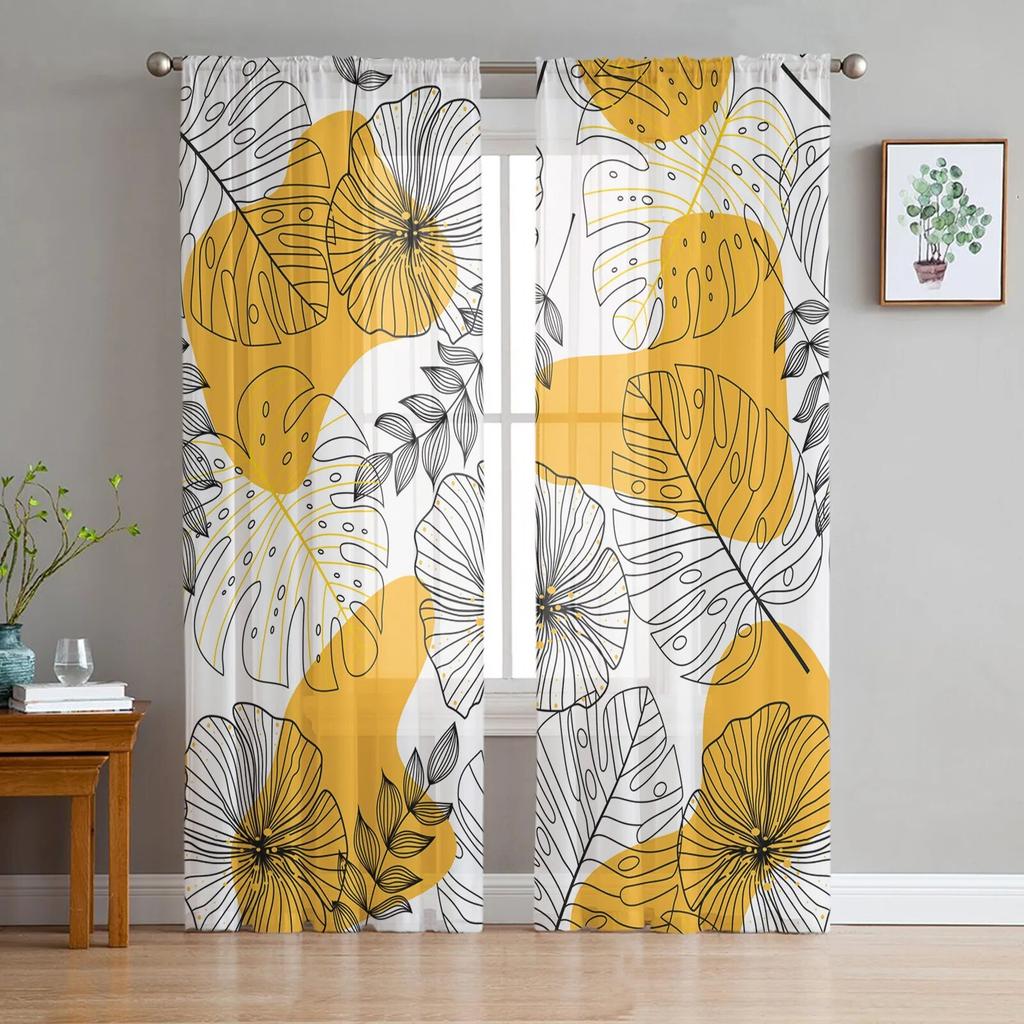 Tropical Plants Sheer Window Curtains for Living Room Girl Bedroom Tulle Curtains Kitchen Veil Chiffon Drapes