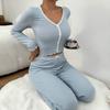 2 dona/toʻplam Bahor Ayollar Top Shim Kostyumi Uzun Yengli V-boʻyinli Toʻrli Buralgan Bezakli Qisqartirilgan Top Elastik Bel Shimli Kiyim Uy Kiyimi Kiyimlari Pijama Toʻplami