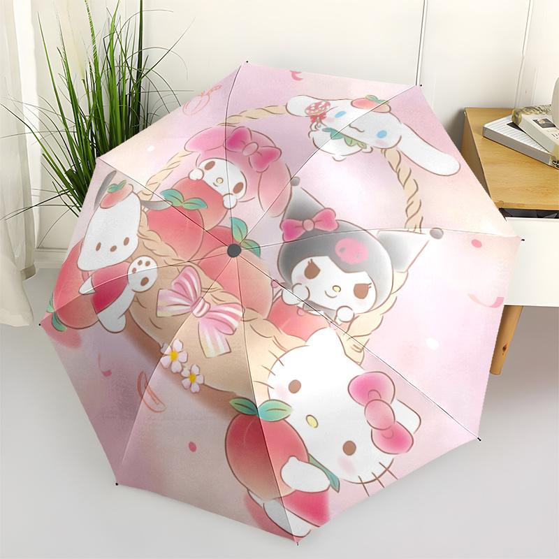 1pc Hello Kitty Peach Basket with Bowknot - Automatic Opening Umbrella, Portable Folding Design, 8-Bone Iron Frame Outdoor Umbrella, Festive Gift for