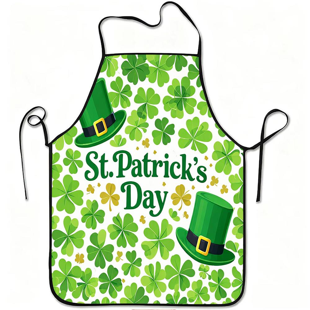 1pc St. Patrick'S Day Clover Hat Print Apron, Durable And Easy to Clean, Adjustable Waistband, Polyester Material, for Kitchen Cooking, Gardening, Orc