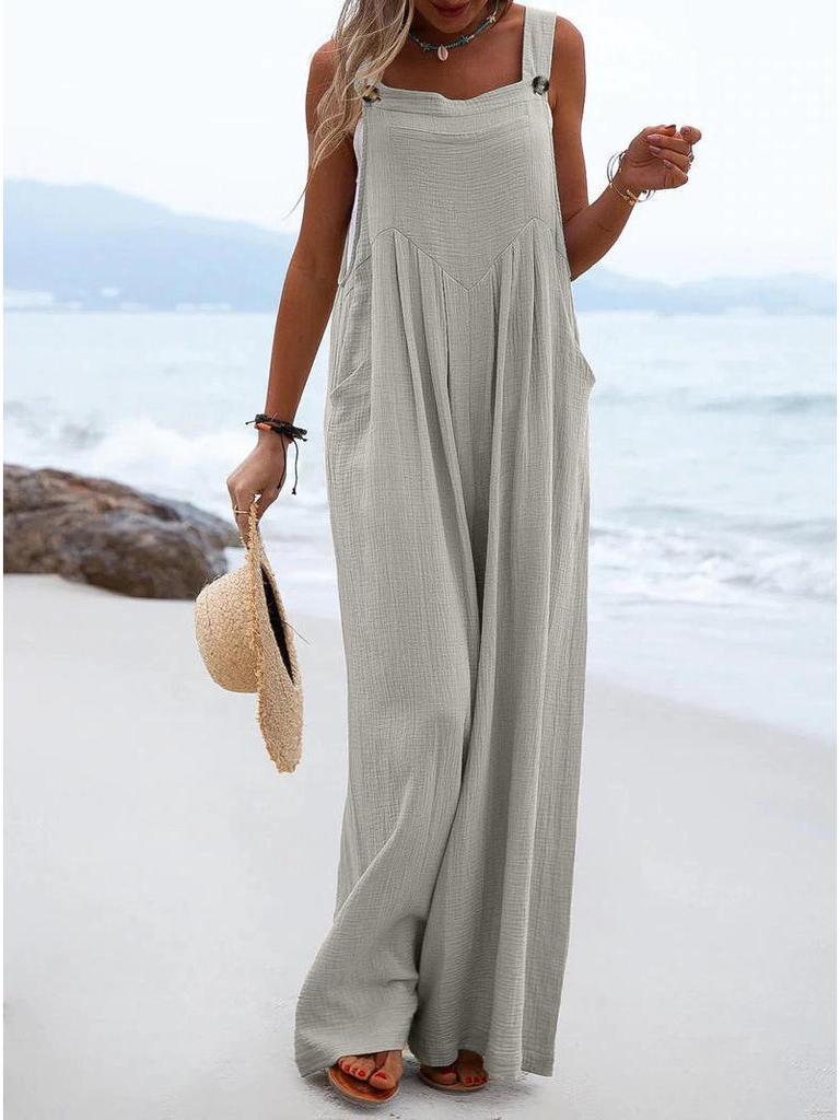 Women's Solid Color Casual Button Jumpsuit - European & American Style