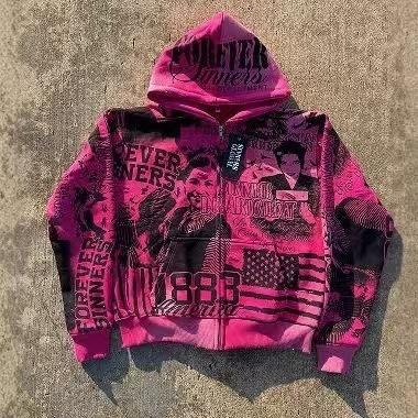 Men's and women's same casual fashion hooded personalized retro loose jacket trade trend printed sweater
