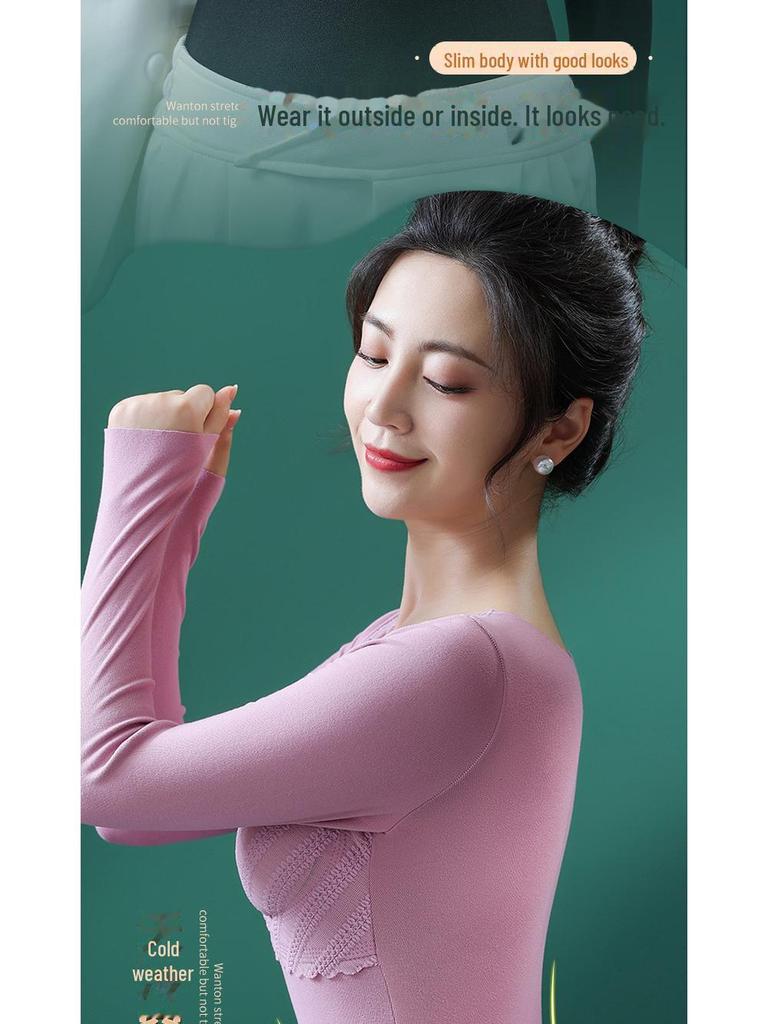 Женское термобелье из немецкого бархата: Плотный кружевной топ с V-образным вырезом и нагрудными накладками, длинные рукава, бесшовный, теплый.