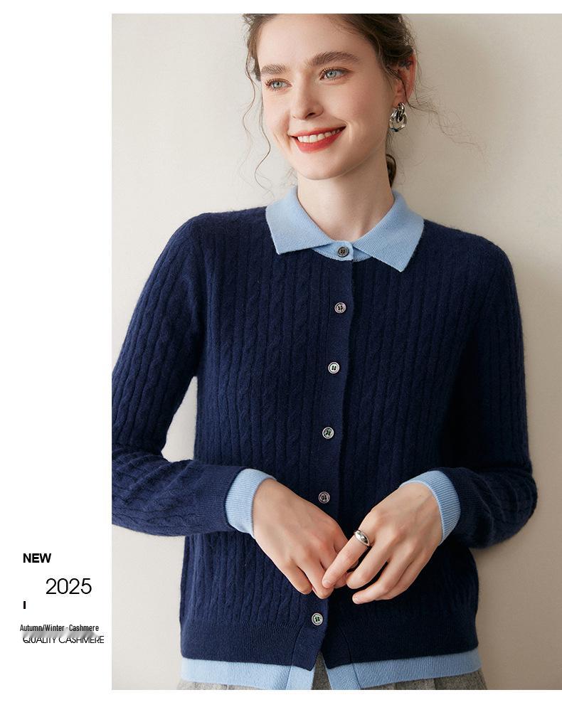 Women's Cashmere Blend Cable Knit Cardigan with Faux Two-Piece, Contrast Colors, Fold-over Sweater, Loose Wool Coat.