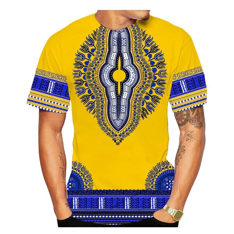 Летний винтажный этнический стиль, принт, уличная мода, круглый вырез, короткий рукав, досуг, отпуск, мужские футболки