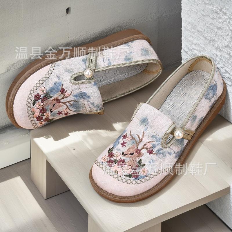 Spring and Summer Old Beijing New Chinese Cloth Shoes Women's Embroidery One-pedal Flat-soled Mother Shoes Versatile Breathable Single Shoes Ethnic S