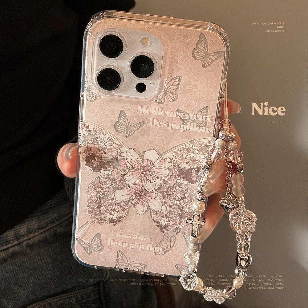 Double-layer Dreamy Rose Butterfly Iphone15 Hanging Chain 13promax Suitable for 16 Apple 14 Mobile Phone Case 11 Fairy